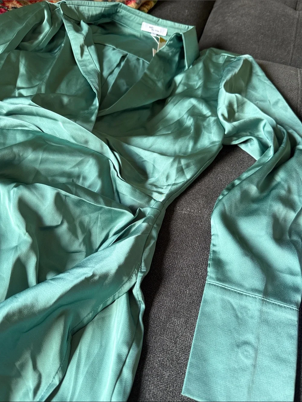 Satin Wrap Long-Sleeve Mini Dress - Teal Green